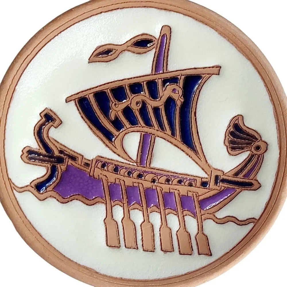 Vintage Set of‎ 3 Handmade Plates By Bonis Pottery In Rhodes Greece Viking Boats